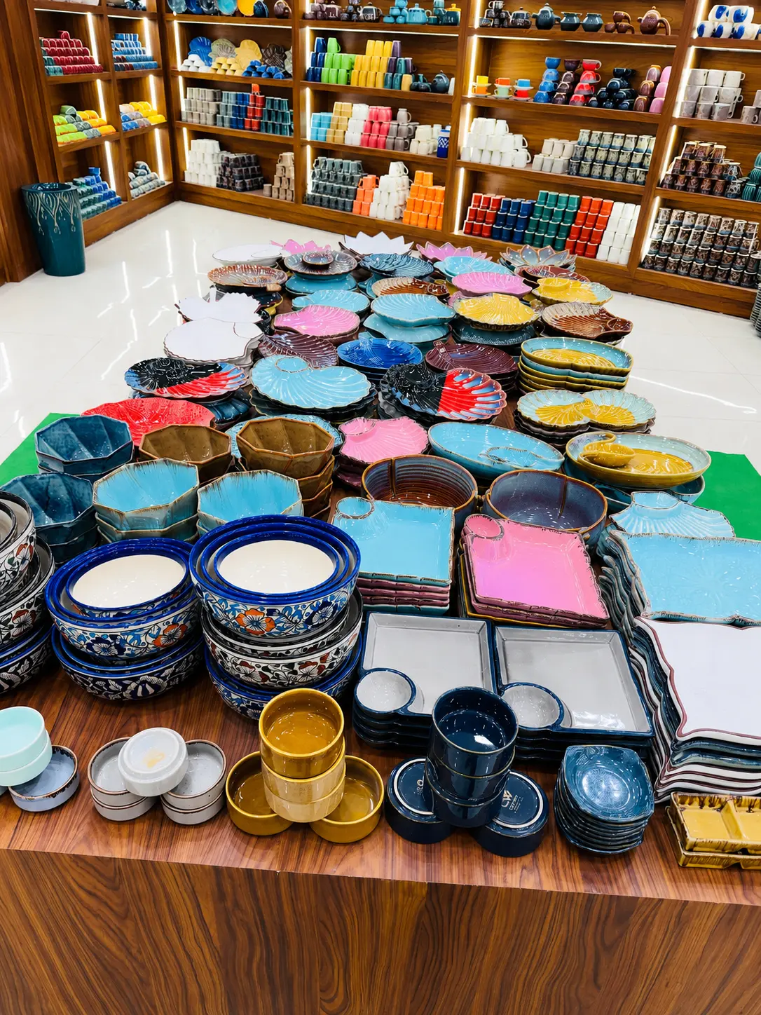 Colourful ceramic crockery collection displayed inside Hira Industries showroom