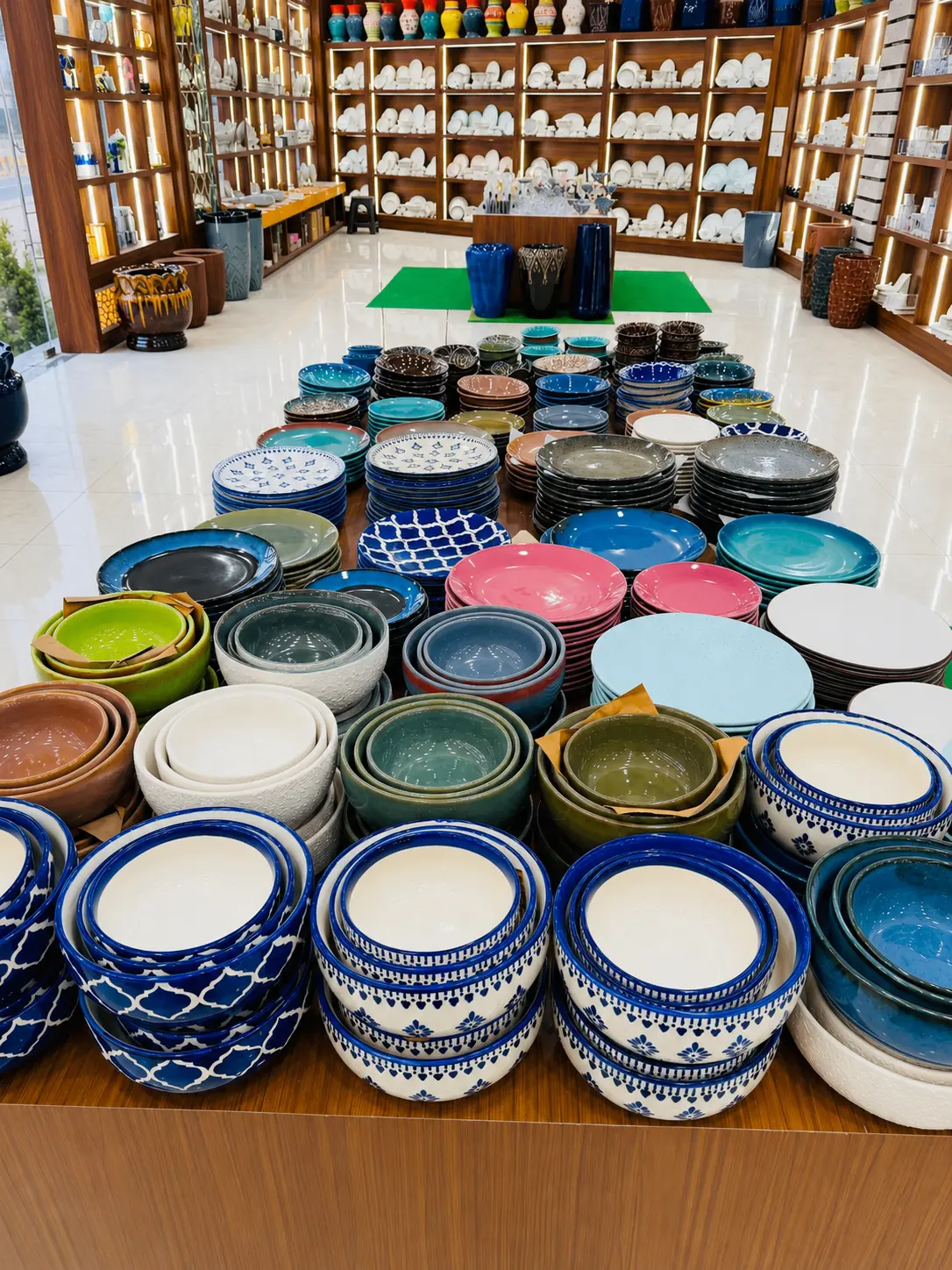 Ceramic bowls and dinnerware displayed at Hira Industries showroom