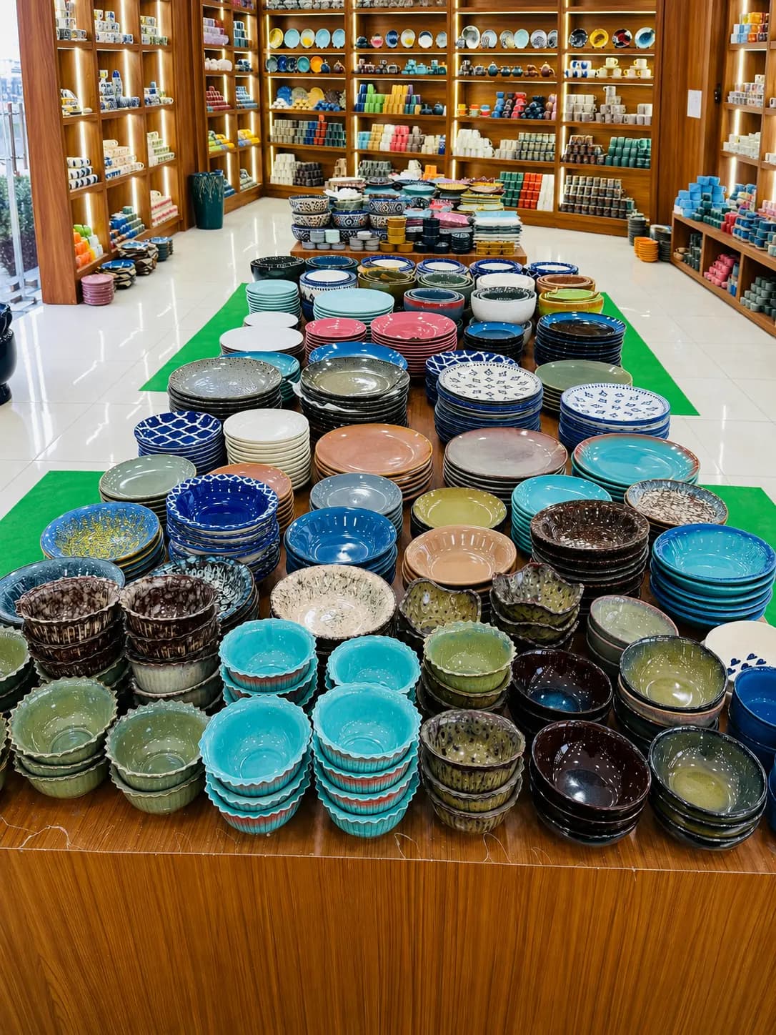 Ceramic plates and bowls arranged inside Hira Industries showroom