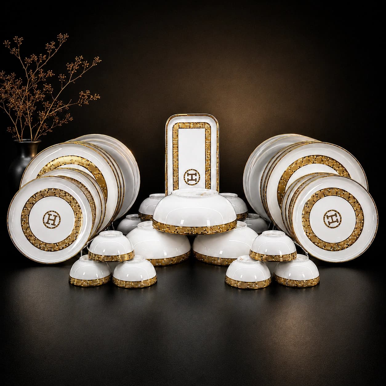 White and gold ceramic dinnerware set displayed on a dark premium surface