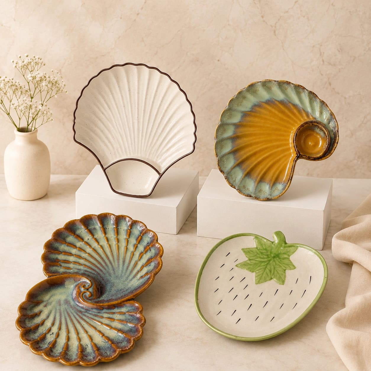 Assorted shell and fruit shaped ceramic serving dishes on a warm display