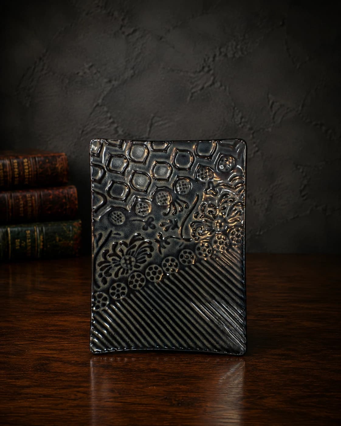 Midnight floral embossed ceramic platter