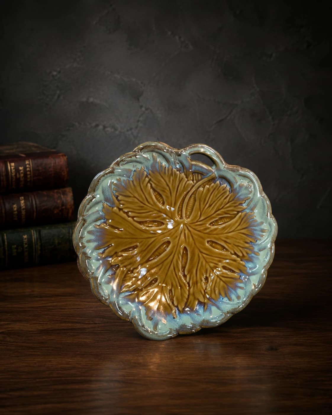 Golden leaf embossed ceramic serving platter