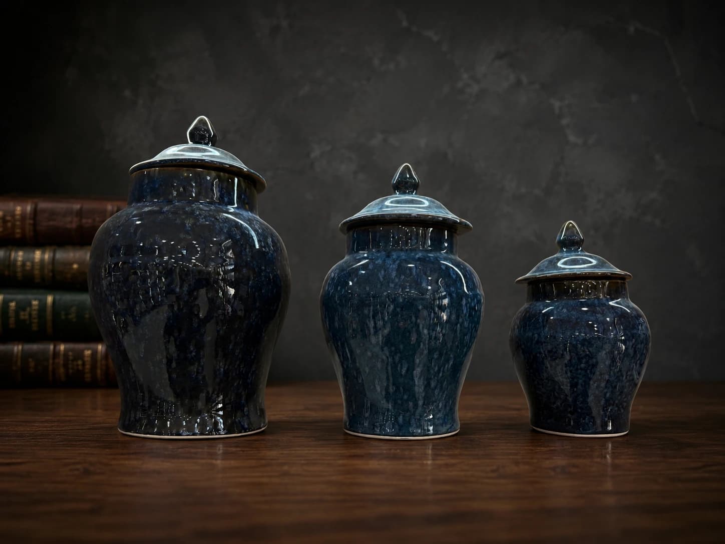 Midnight reactive ceramic ginger jar trio