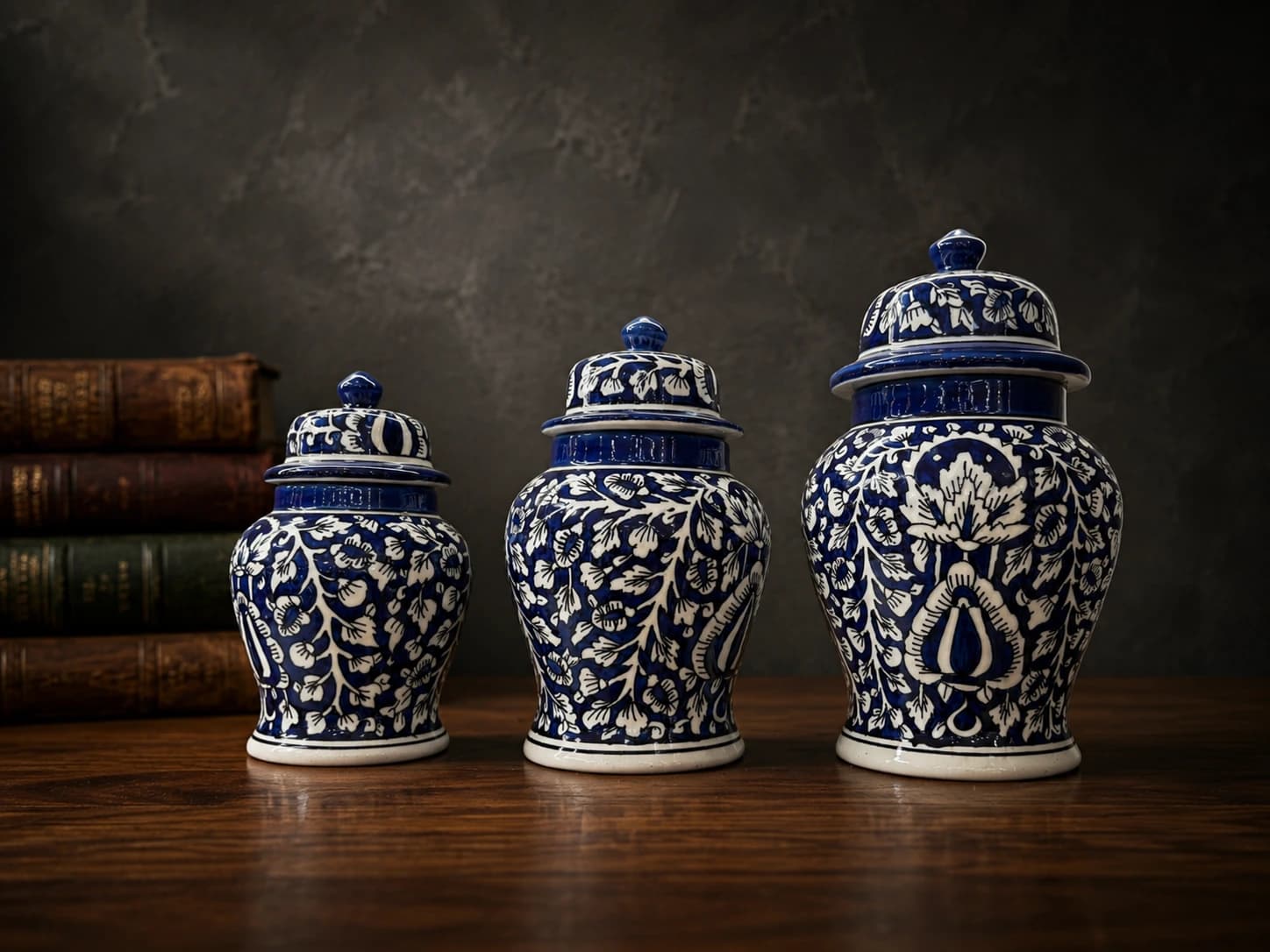 Indigo floral ceramic ginger jar trio