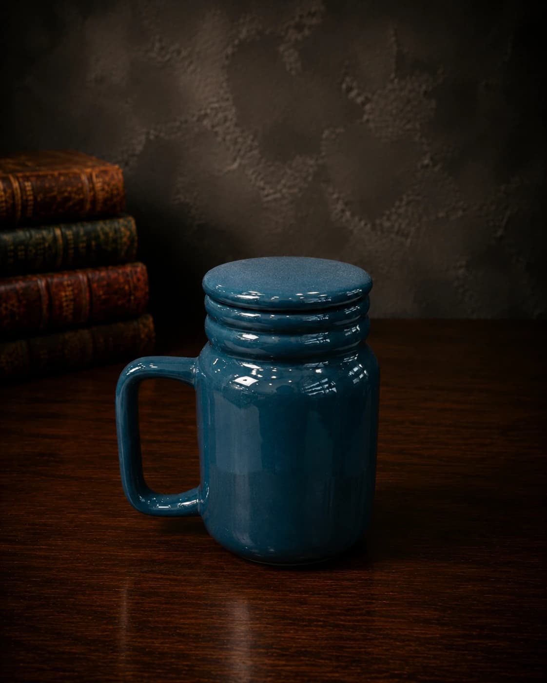 Deep teal lidded ceramic mason mug