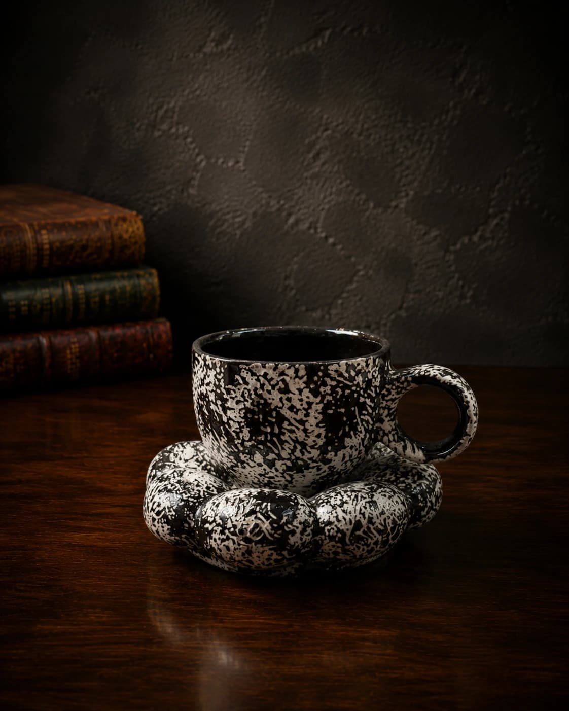 Monochrome ceramic cup and saucer