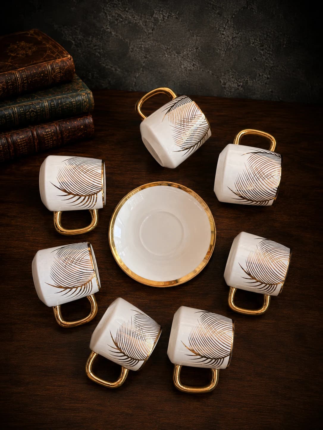 Golden feather ceramic tea cup set