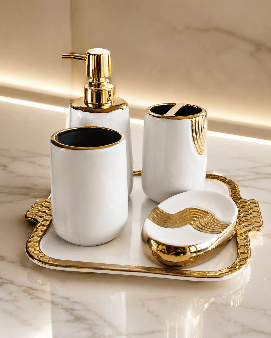 White and gold ceramic bathroom tray set
