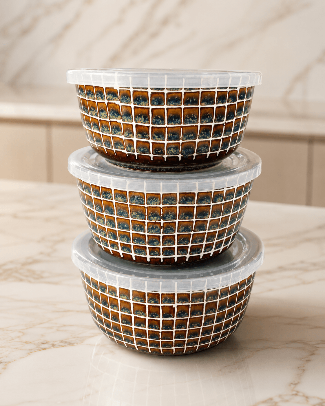 Brown Mosaic Storage Bowls with Lids by Hira Industries