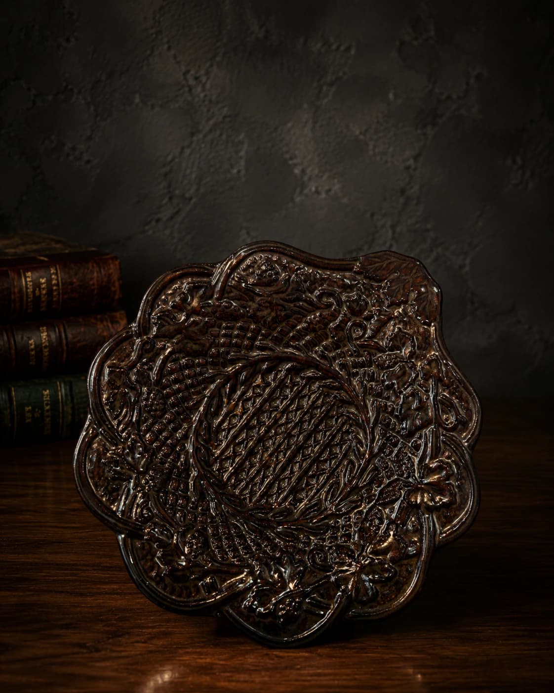 Espresso Heritage Embossed Round Platter by Hira Industries